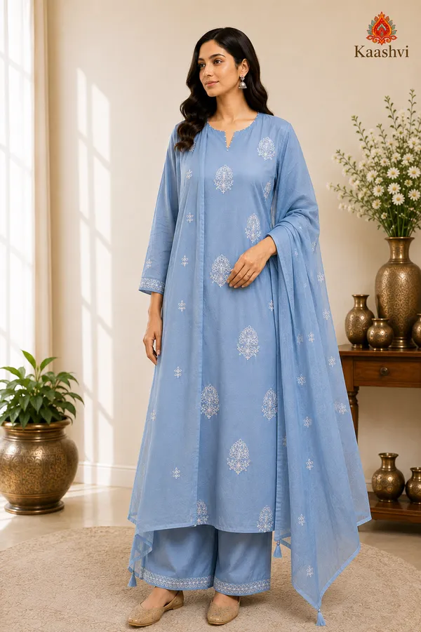 Sky_Blue_Cotton_Kurta_Pant_Dupatta_For_Women