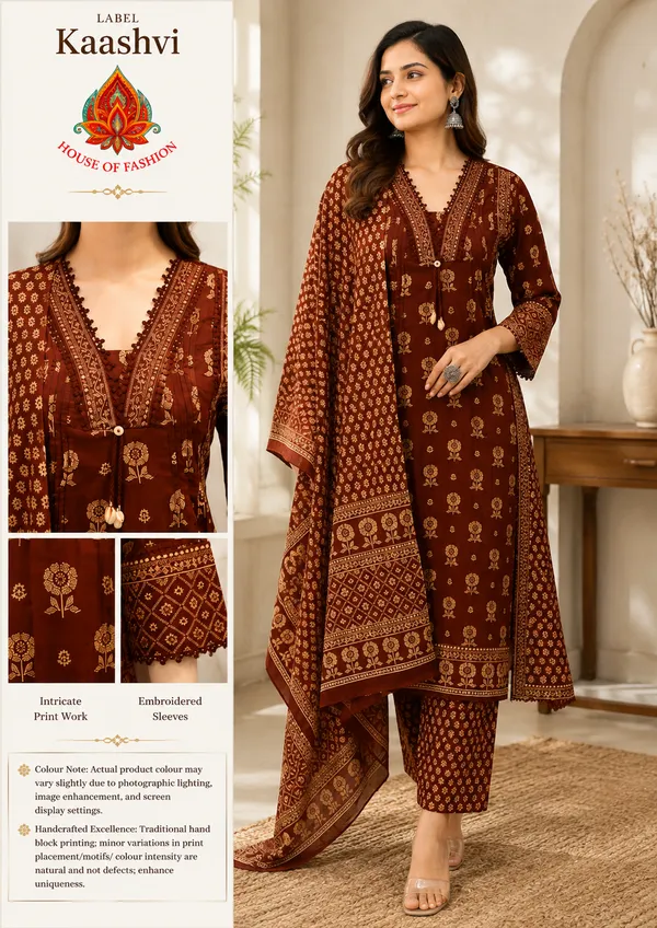 Rich_Chocolate_Brown_Cotton_Kurta_Pant_Dupatta_For_Women
