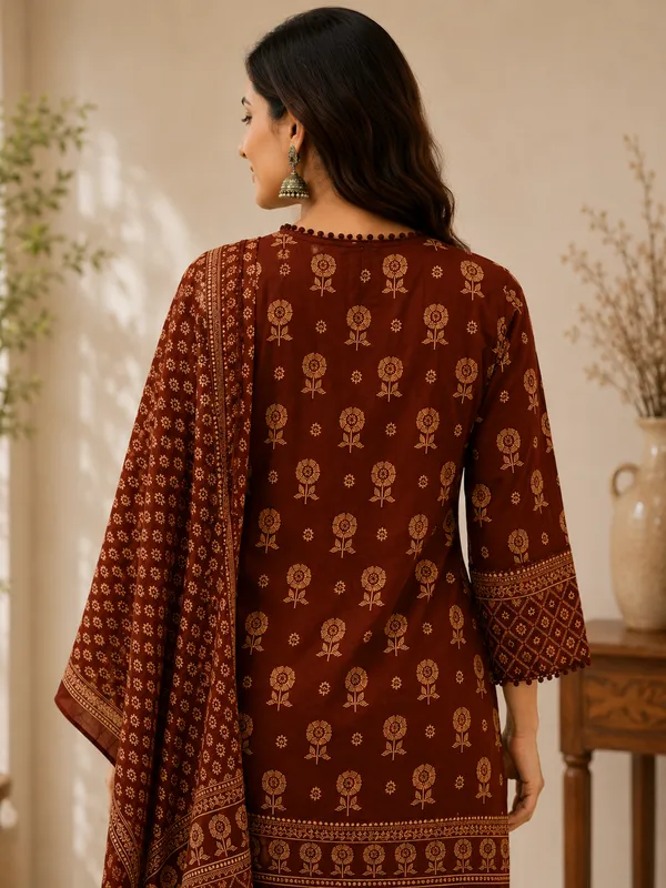 Rich_Chocolate_Brown_Cotton_Kurta_Pant_Dupatta_For_Women