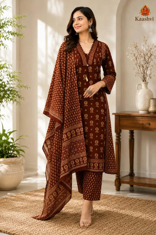 Rich_Chocolate_Brown_Cotton_Kurta_Pant_Dupatta_For_Women