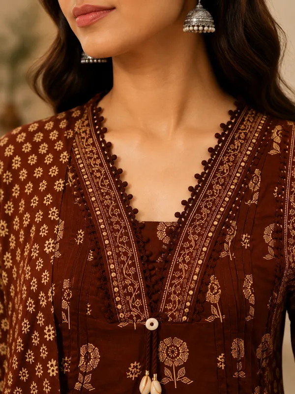 Rich_Chocolate_Brown_Cotton_Kurta_Pant_Dupatta_For_Women