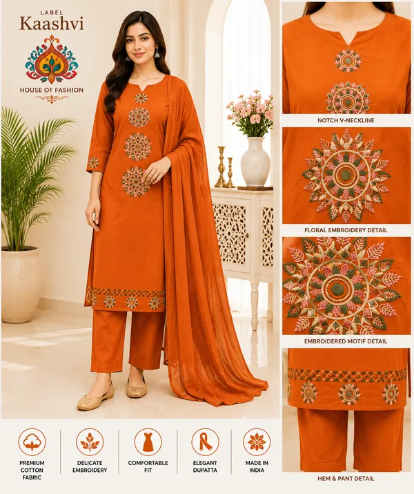 Rust_Orange_Cotton_Kurta_Pant_Dupatta_For_Women