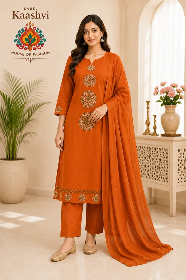 Rust_Orange_Cotton_Kurta_Pant_Dupatta_For_Women
