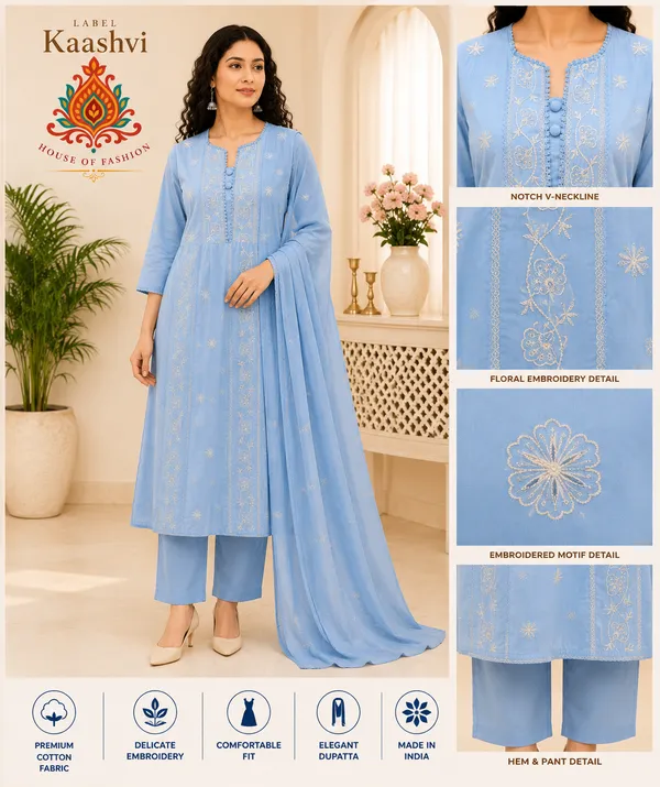 Sky_Blue_Cotton_Kurta_Pant_Dupatta_For_Women