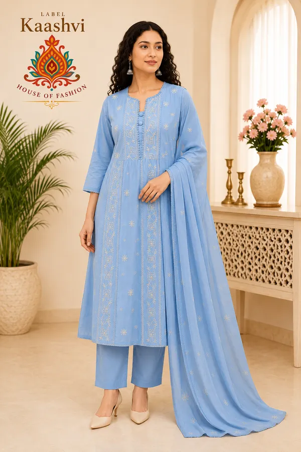 Sky_Blue_Cotton_Kurta_Pant_Dupatta_For_Women