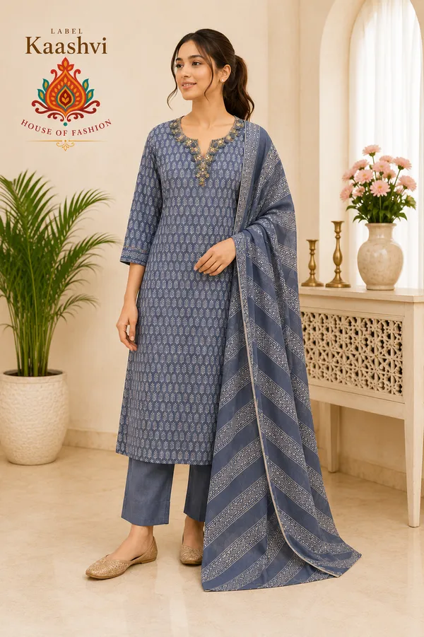 Slate_Blue_Cotton_Kurta_Pant_Dupatta_For_Women