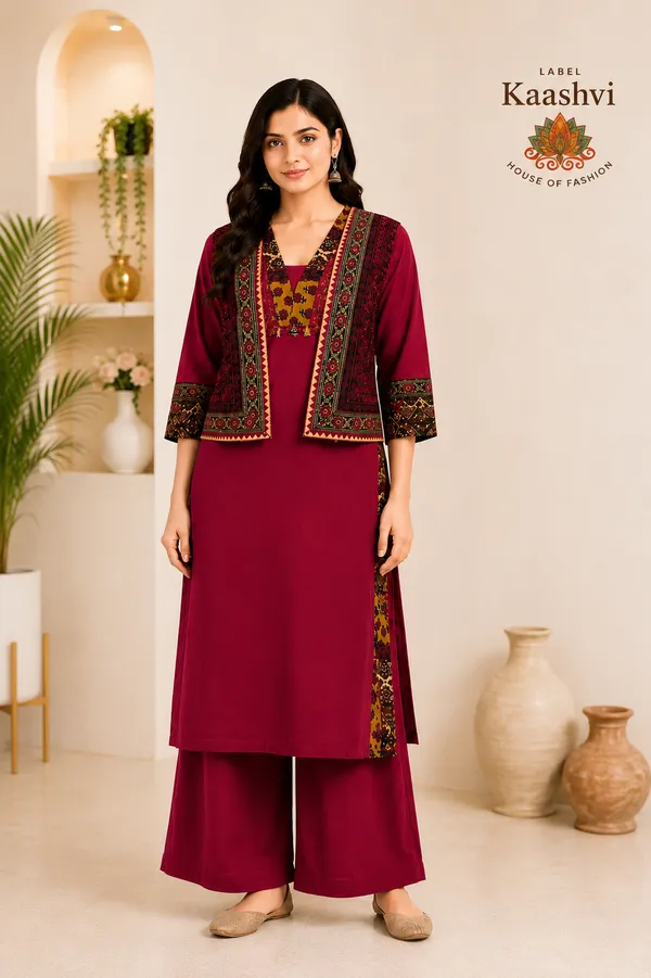 Royal_Maroon_Cotton_Kurta_Palazzo_Shrug_Koti_For_Women