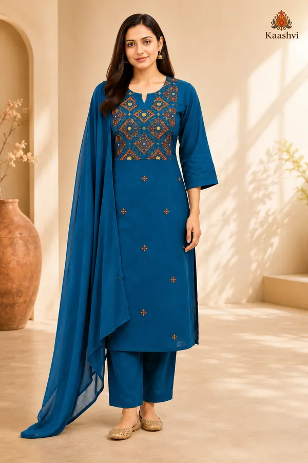 Peacock_Blue_Cotton_Kurta_Pant_Dupatta_For_Women