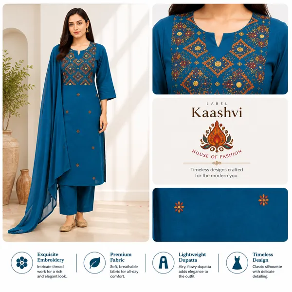 Peacock_Blue_Cotton_Kurta_Pant_Dupatta_For_Women