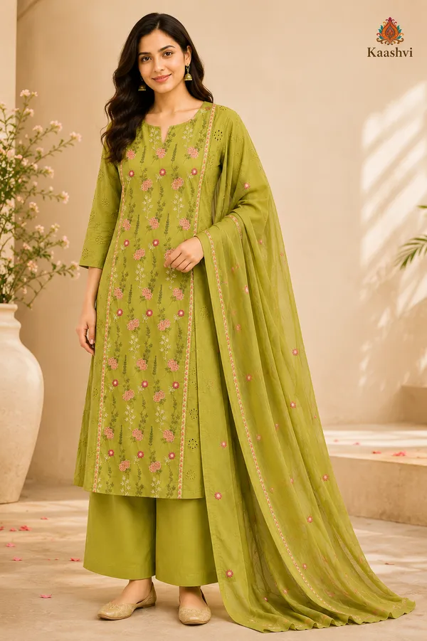 Olive_Green_Cotton_Kurta_Palazzo_Dupatta_For_Women