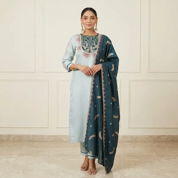 Light_Blue_Embroidered_Silk_Kurta_Set_With_Teal_Dupatta_For_Women