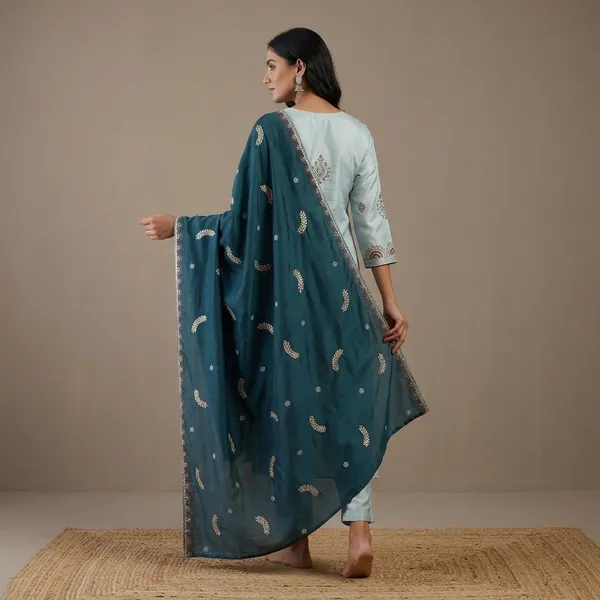 Light_Blue_Embroidered_Silk_Kurta_Set_With_Teal_Dupatta_For_Women