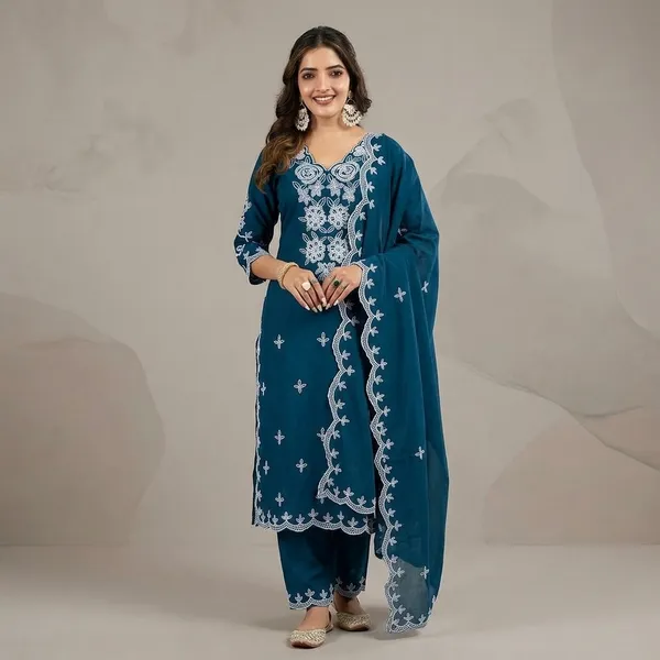 Teal_Blue_Embroidered_Chikankari_Suit_Set_For_Women