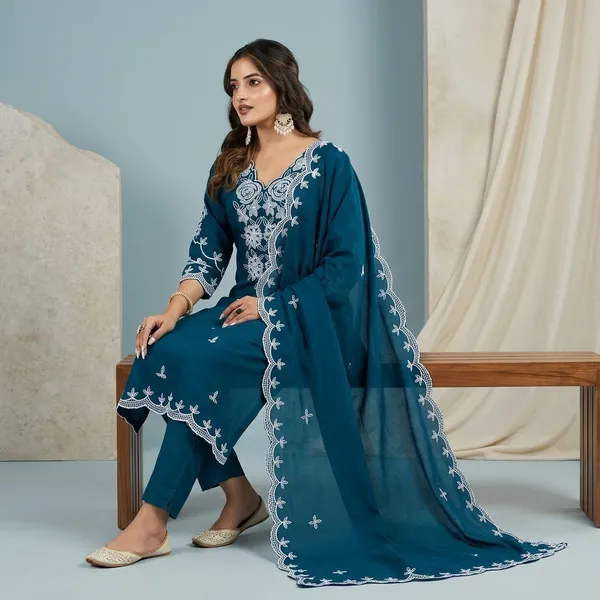 Teal_Blue_Embroidered_Chikankari_Suit_Set_For_Women