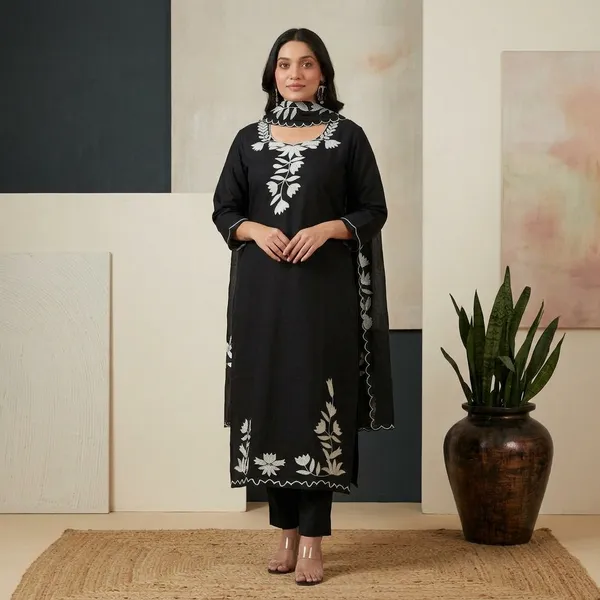 Black_Cotton_Embroidered_Kurta_Set_For_Women