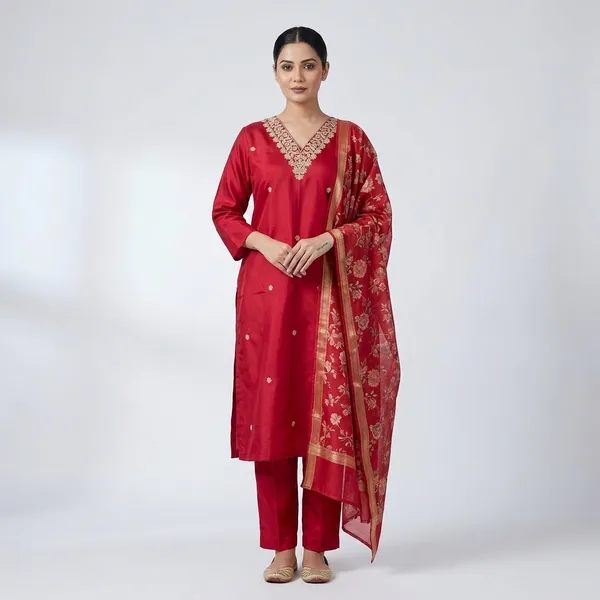 Red_Embroidered_Kurta_Set_With_Floral_Dupatta_For_Women