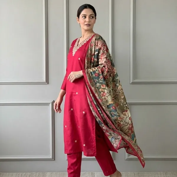 Red_Embroidered_Kurta_Set_With_Floral_Dupatta_For_Women