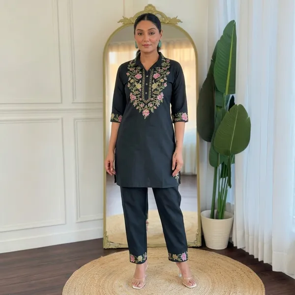 Black_Embroidered_Floral_Cotton_Kurta_Set_For_Women