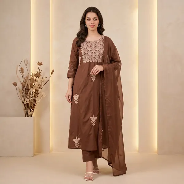 Brown_Embroidered_Silk_Kurta_Set_With_Dupatta_For_Women