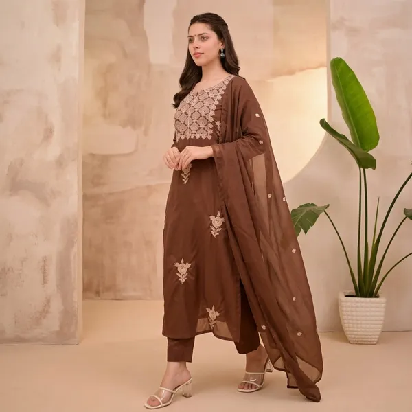 Brown_Embroidered_Silk_Kurta_Set_With_Dupatta_For_Women