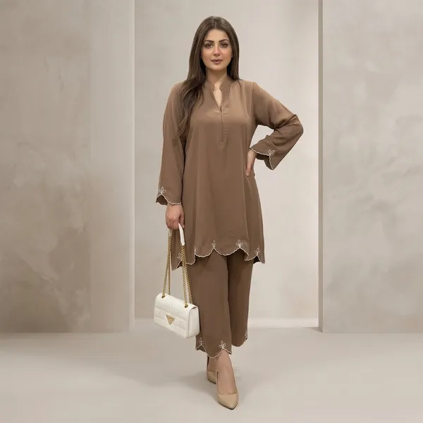 Brown_Embroidered_Scalloped_Hem_Kurta_Set_For_Women