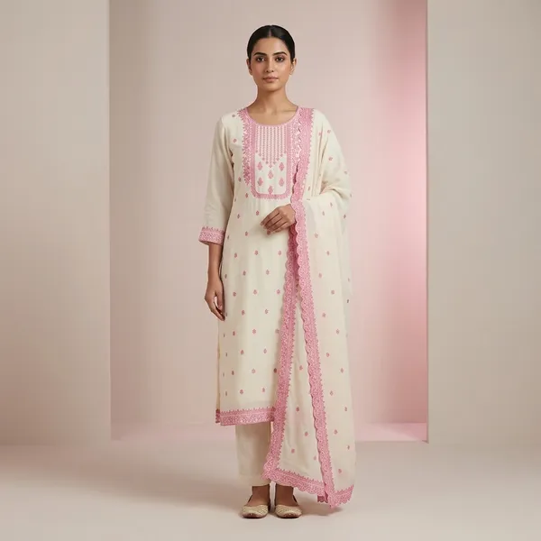 Cream_Pink_Embroidered_Georgette_Kurta_Set_For_Women