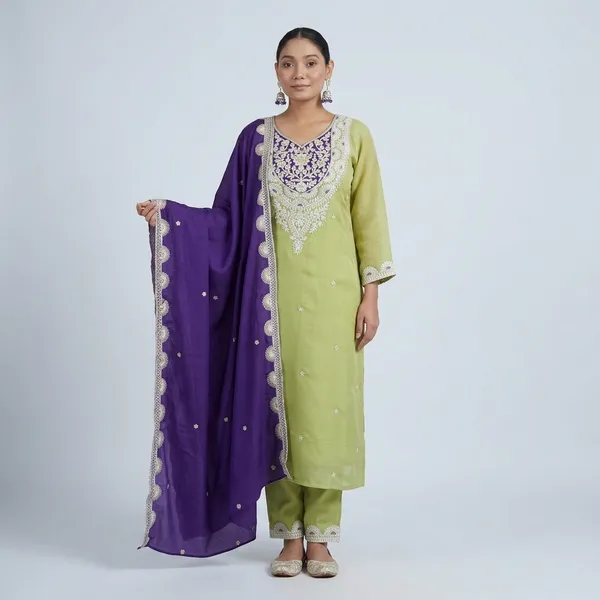 Lime_Green_Embroidered_Salwar_Suit_With_Purple_Dupatta