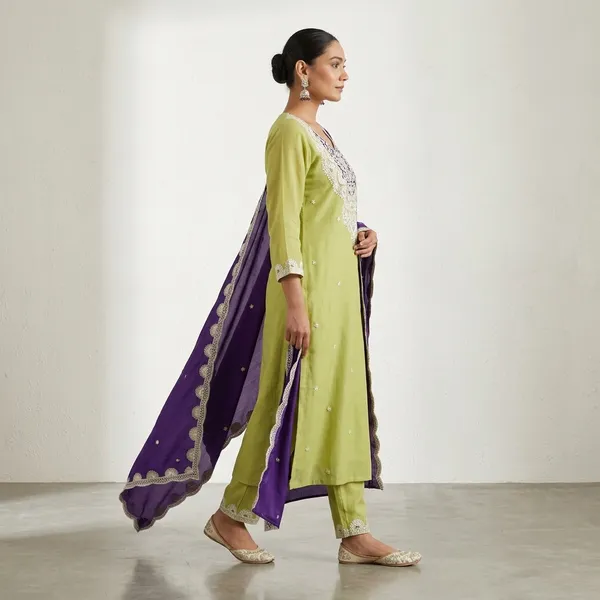 Lime_Green_Embroidered_Salwar_Suit_With_Purple_Dupatta