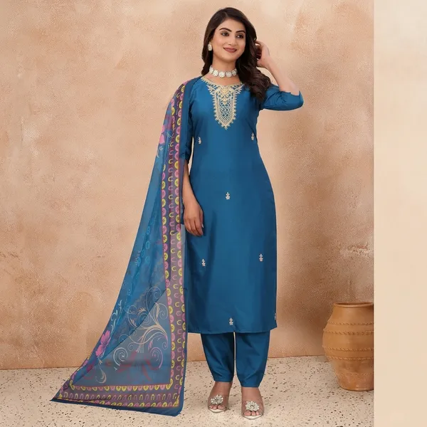 Blue_Chanderi_Embroidered_Kurta_Set_With_Printed_Dupatta_For_Women