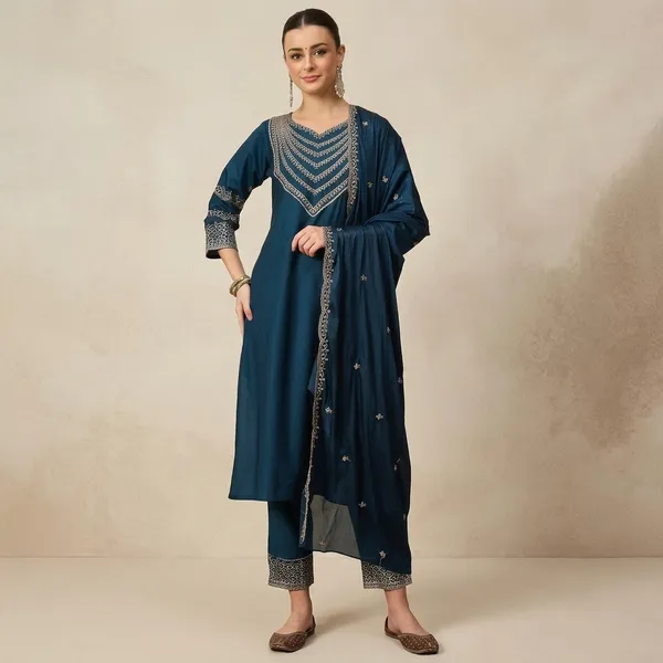Teal_Blue_Embroidered_Kurta_Palazzo_Dupatta_Set_For_Women