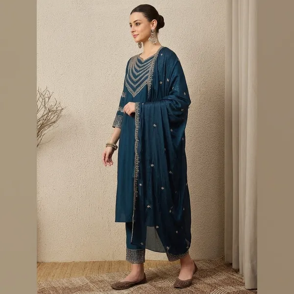 Teal_Blue_Embroidered_Kurta_Palazzo_Dupatta_Set_For_Women