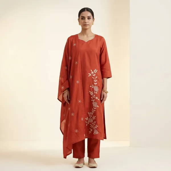 Rust_Orange_Embroidered_Ethnic_Kurti_Set_For_Women
