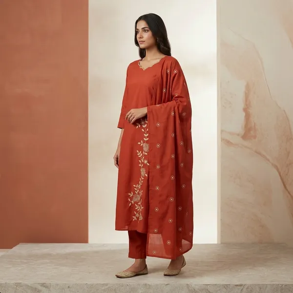Rust_Orange_Embroidered_Ethnic_Kurti_Set_For_Women