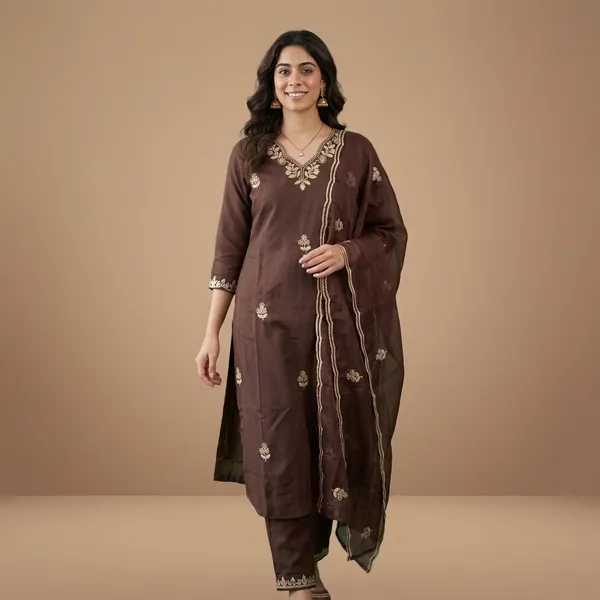 Brown_Embroidered_Silk_Blend_Kurta_Set_For_Women