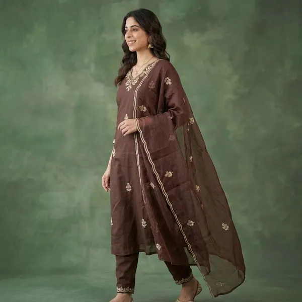 Brown_Embroidered_Silk_Blend_Kurta_Set_For_Women