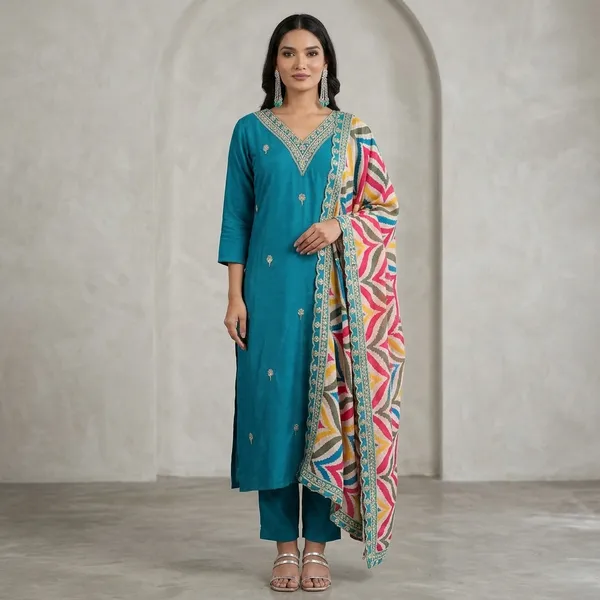 Teal_Embellished_Kurta_Set_With_Multicolor_Dupatta_For_Women