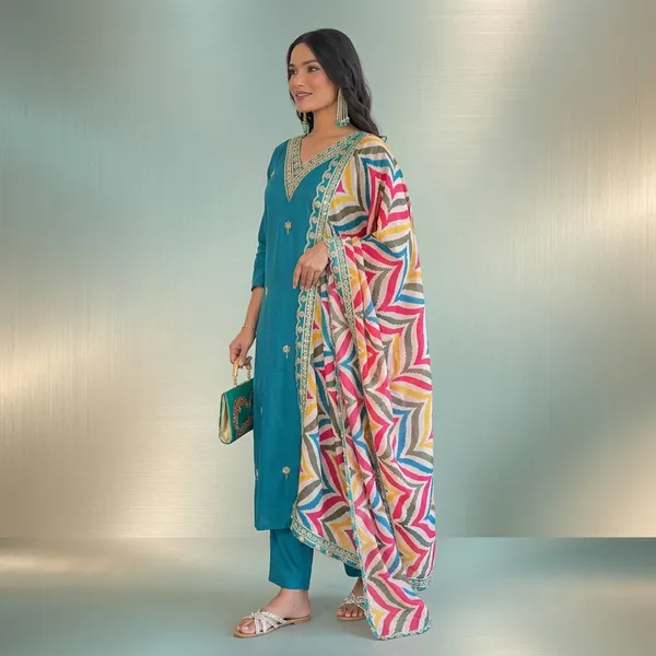 Teal_Embellished_Kurta_Set_With_Multicolor_Dupatta_For_Women
