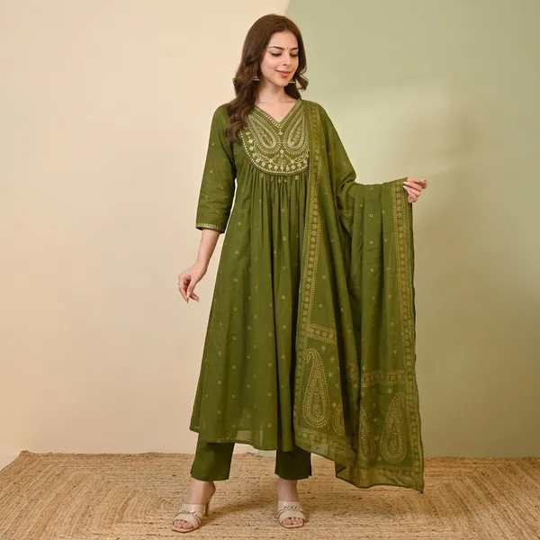 Olive_Green_Embroidered_Anarkali_Kurta_Set_For_Women
