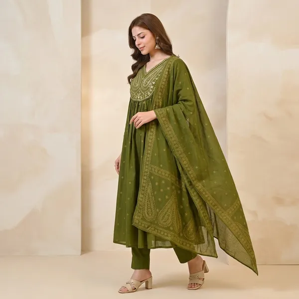 Olive_Green_Embroidered_Anarkali_Kurta_Set_For_Women