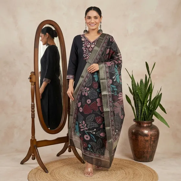 Black_Floral_Print_Organza_Dupatta_With_Embroidered_Neckline_Suit