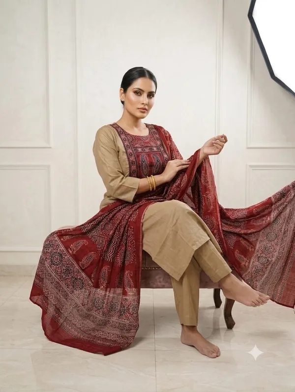 Women_Cotton_Kurti_With_Pant_And_Dupatta_Set