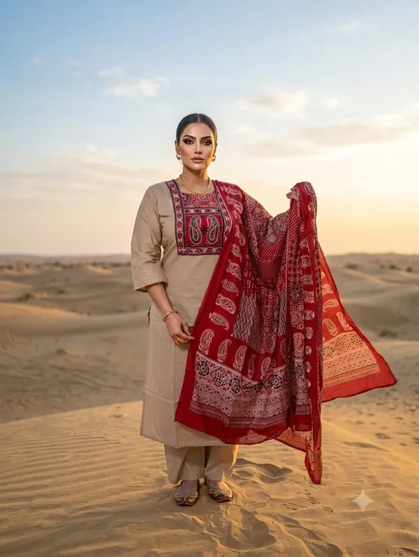 Women_Cotton_Kurti_With_Pant_And_Dupatta_Set