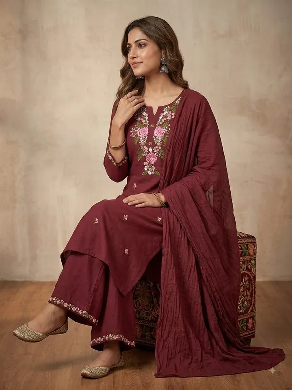 WomenCotton_Kashmeri__Embroidery_Kurti_With_Pant_and_Dupatta