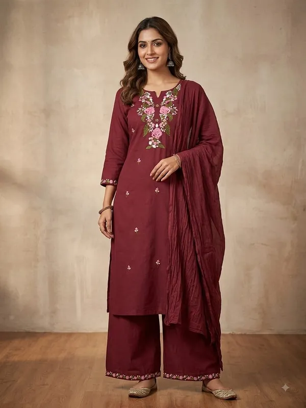 WomenCotton_Kashmeri__Embroidery_Kurti_With_Pant_and_Dupatta