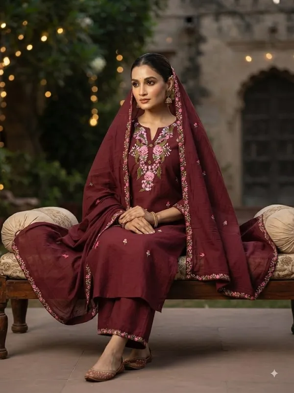 WomenCotton_Kashmeri__Embroidery_Kurti_With_Pant_and_Dupatta