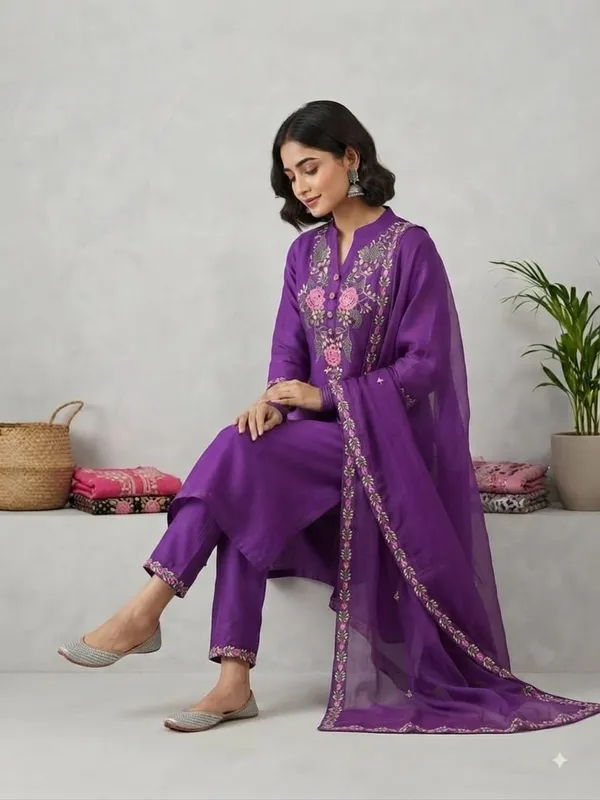 WomenCotton_Kashmeri__Embroidery_Kurti_With_Pant_and_Dupatta