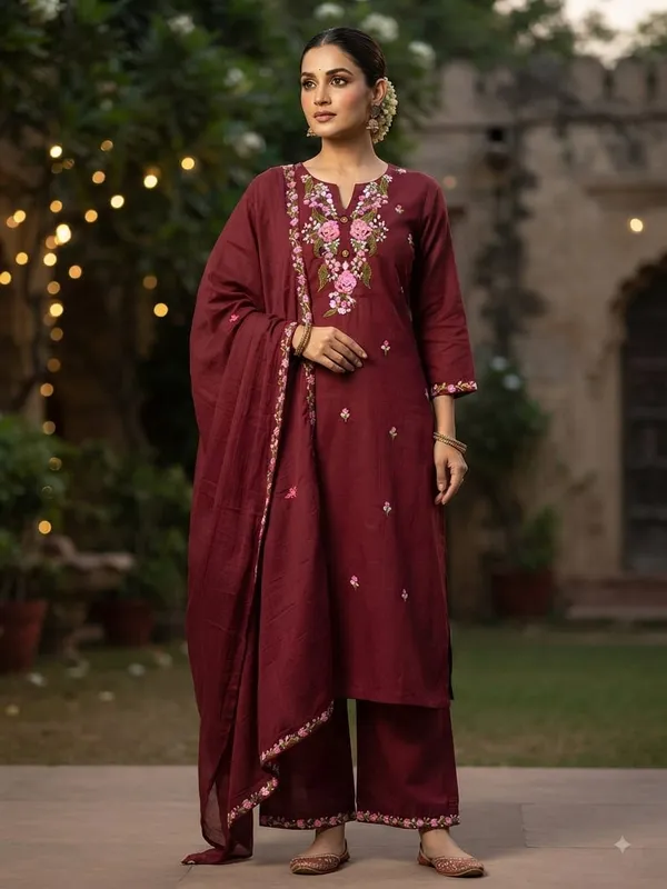 WomenCotton_Kashmeri__Embroidery_Kurti_With_Pant_and_Dupatta