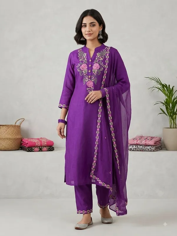 WomenCotton_Kashmeri__Embroidery_Kurti_With_Pant_and_Dupatta