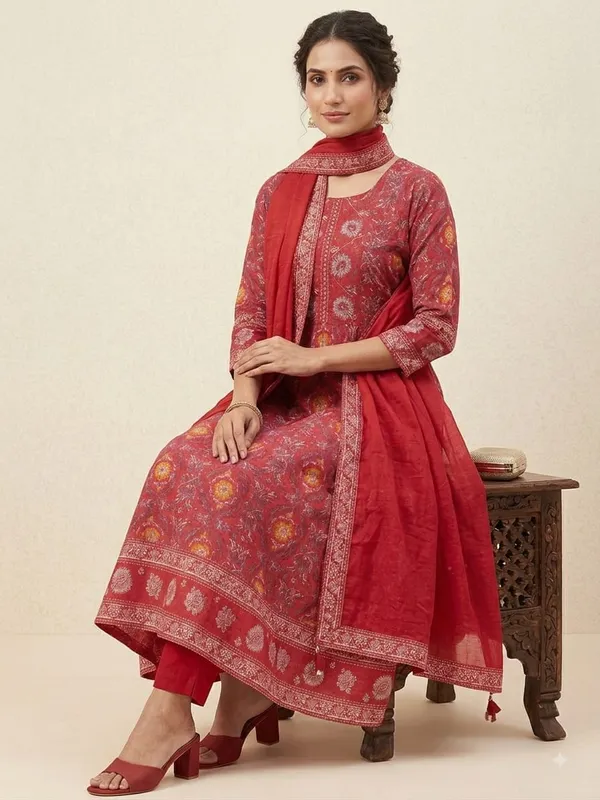 WomenCotton_Kashmeri__Embroidery_Kurti_With_Pant_and_Dupatta