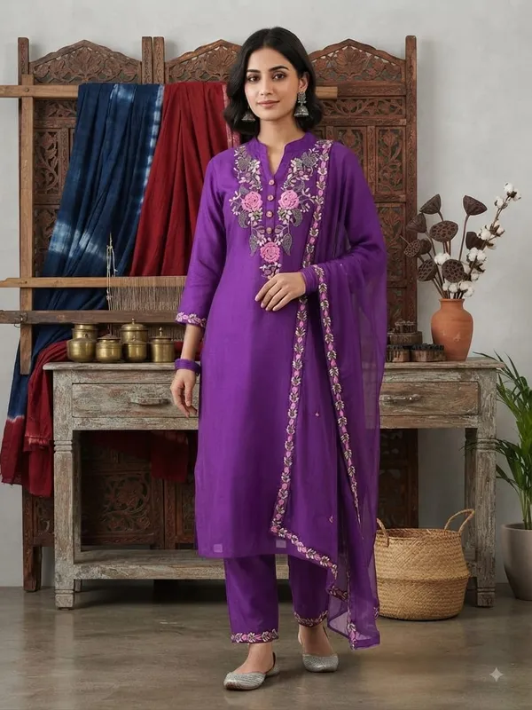 WomenCotton_Kashmeri__Embroidery_Kurti_With_Pant_and_Dupatta